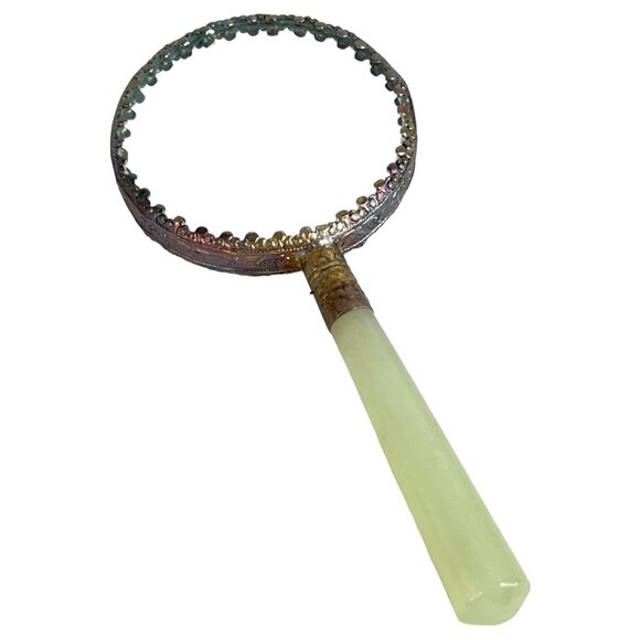 Vintage Handheld Mirror With Hand Painted Panda Design Jade Handle Ornate Trim - Picture 4 of 7